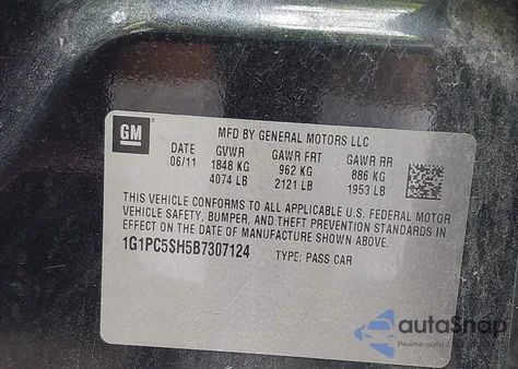 2011 Chevrolet Cruze Ls z USA, uszkodzony, nr VIN 1G1PC5SH5B7307124